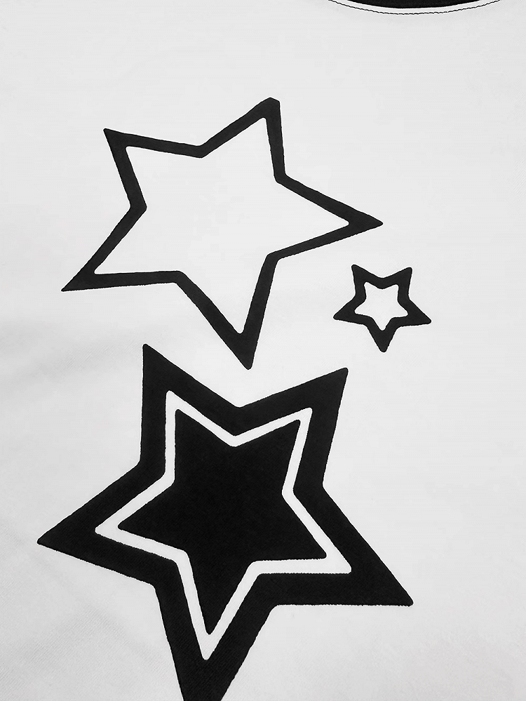T-Shirt Black  White Colorblock Design Star Print Cotton