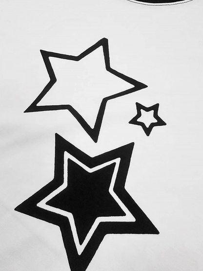T-Shirt Black  White Colorblock Design Star Print Cotton