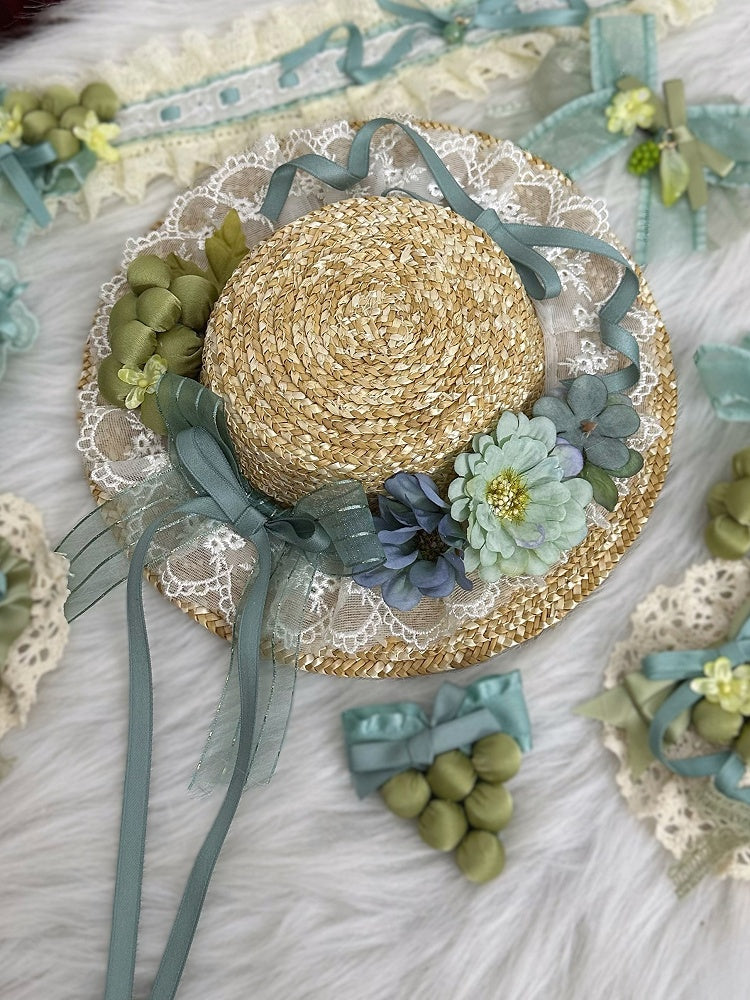 Trim Mini Handmade Green Grape Lace Hat Flower Bow Straw Details Decorated