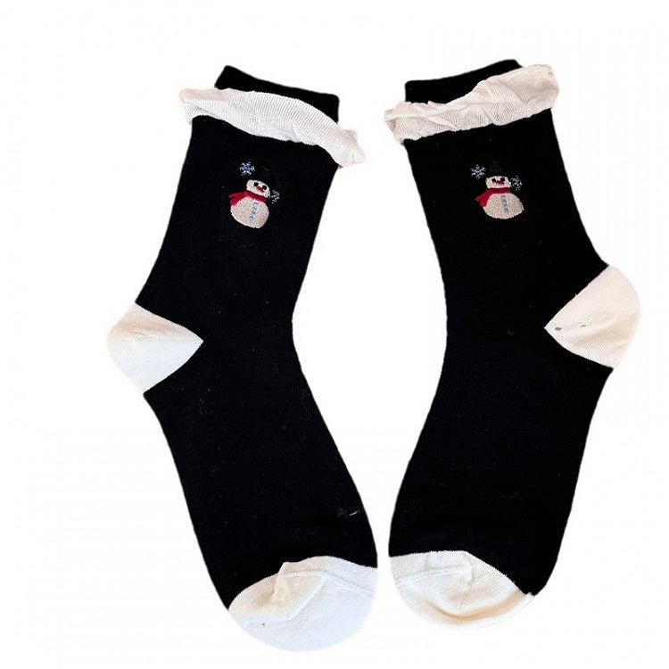 Kawaii Snowman-Embroidered Calf Socks