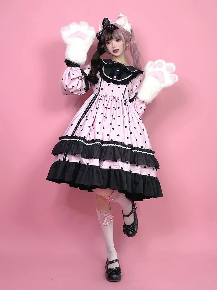 Lolita Dot Cute Long with Black Ruffle Sleeve Polka Dress Pink Details OP