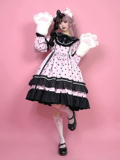 Lolita Dot Cute Long with Black Ruffle Sleeve Polka Dress Pink Details OP