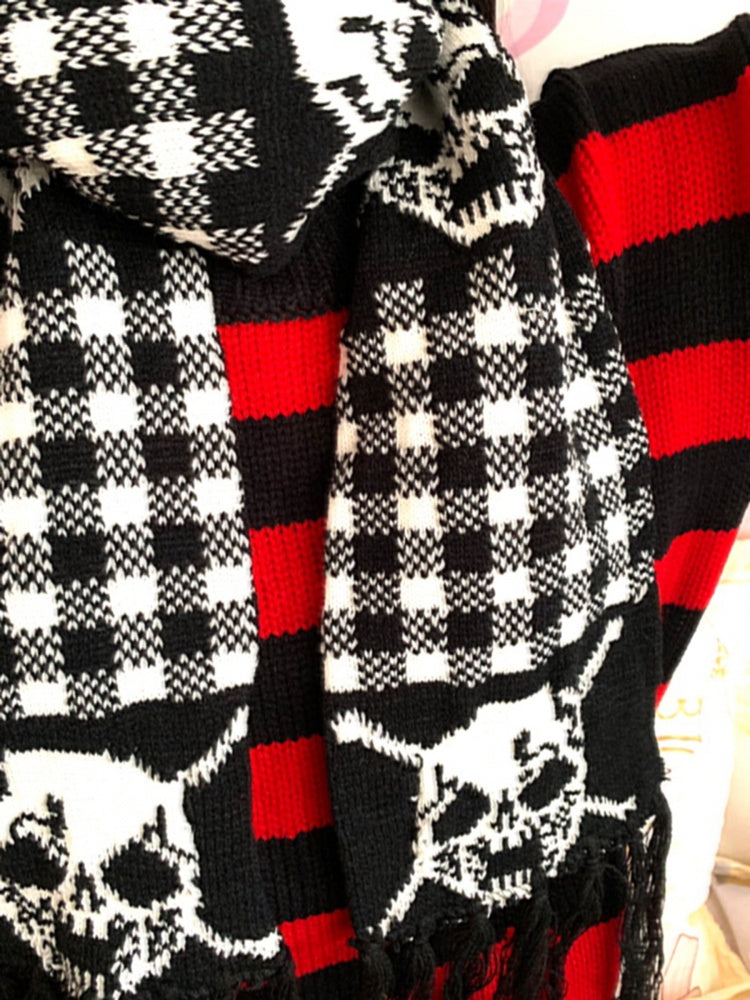 スケルトンとチェック柄のタッセルスカーフ