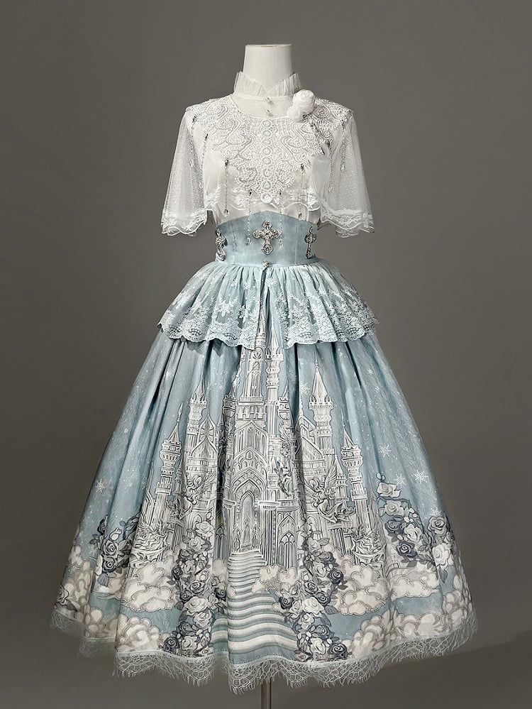 Weißer Rock mit hoher Cape-Taille, Top, Camisole + Tüll-Print, Castle Blue