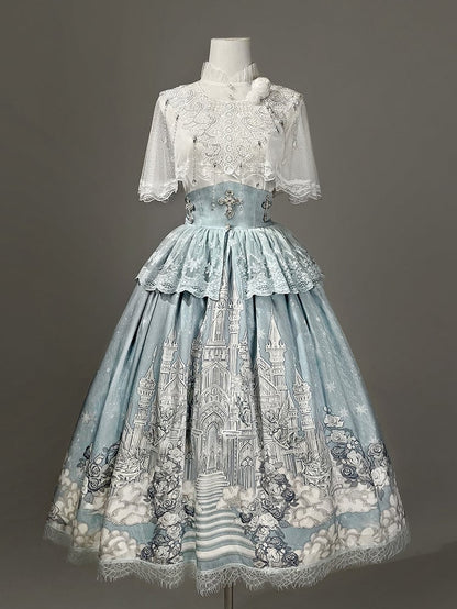 ホワイトスカート ハイケープウエストトップ キャミソール + チュールプリント キャッスルブルー