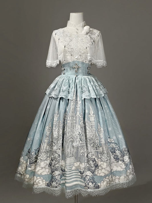 ホワイトスカート ハイケープウエストトップ キャミソール + チュールプリント キャッスルブルー