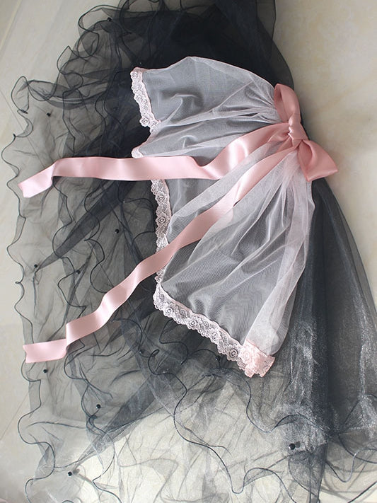 黒とピンクの蝶結びレーストリムKC、ベール付き