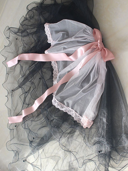 黒とピンクの蝶結びレーストリムKC、ベール付き