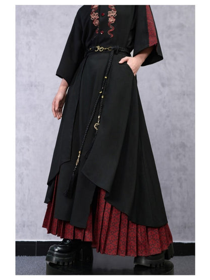 Double-Layer with Thicken/Thin Hem Print Cheongsam Red Pleated Black Snake Skirt Asymmetrical