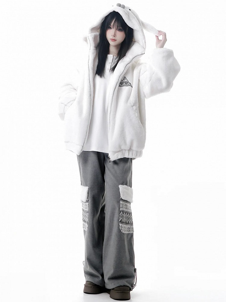Straight-Leg Pockets Patterned Isle Pants with Gray Plush Fair