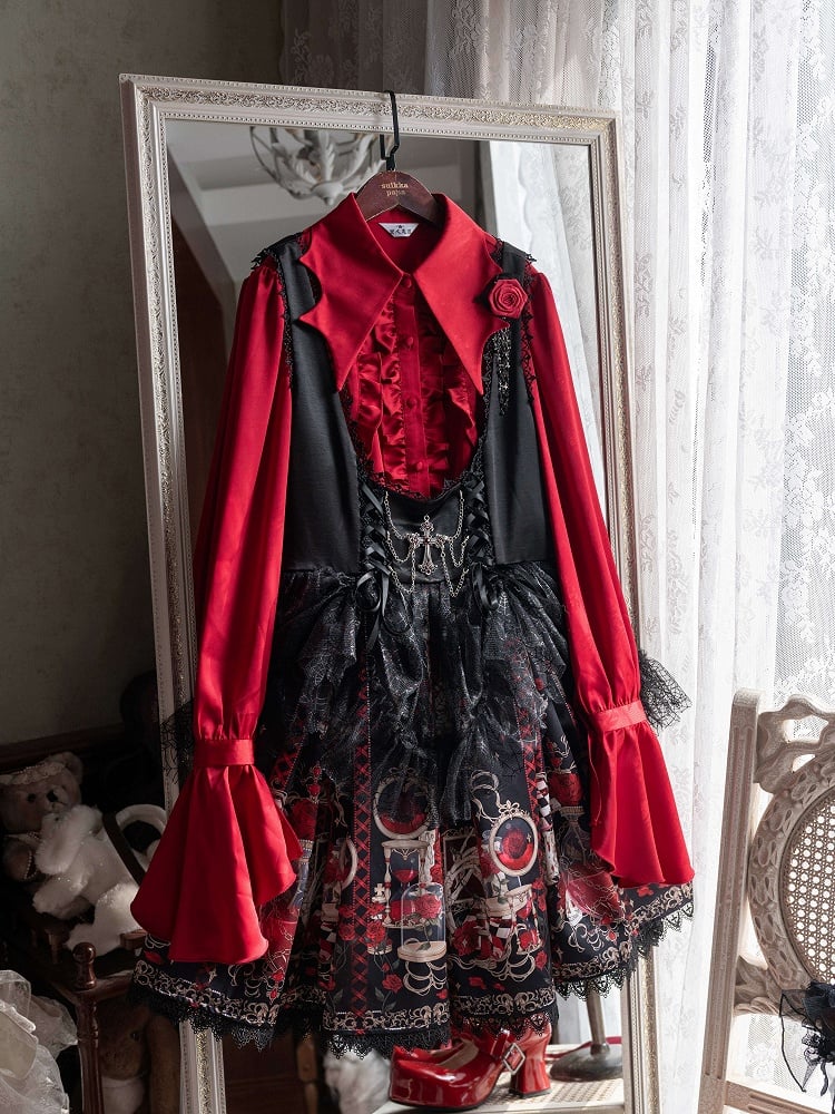 Bust Skull Short Gothic Spider Red and Under Rosette Lolita JSK Overlay with Dress Print Web