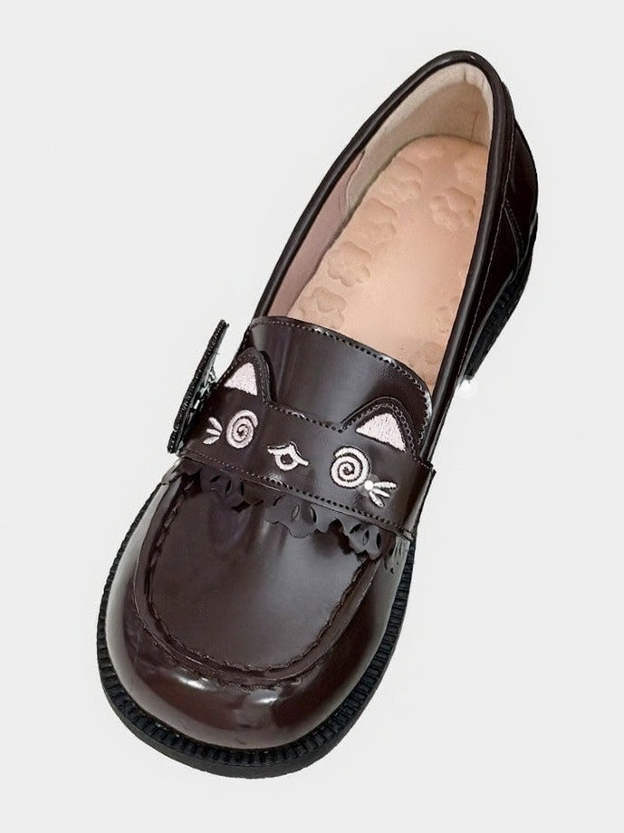 Dark Brown Kawaii School Square Toe Shoes with Cat Theme Design - Moon Baby Diary
