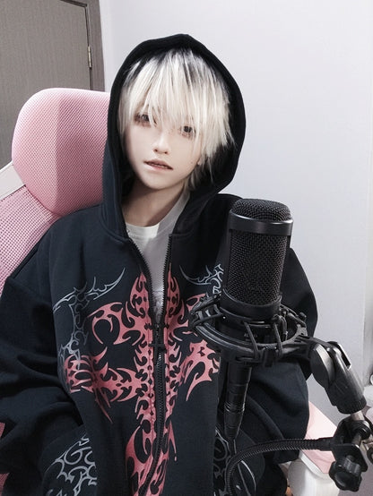 Black Cross Gothic with Zip-Up Red Print Hoodie Thin/Thick