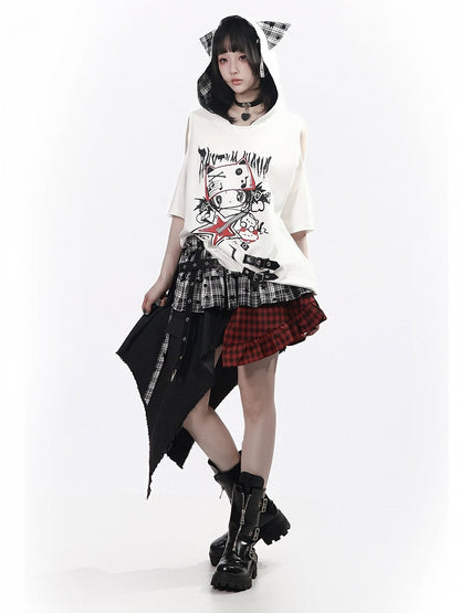 Red & Black Asymmetrical Plaid Skirt Overlay - PINK SAVIOR