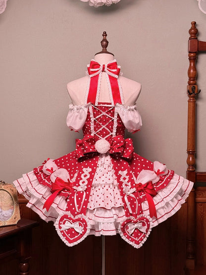 and Puff Dress Dot Sleeves School Polka Lolita Neck with Old Red Accents Halter Bow