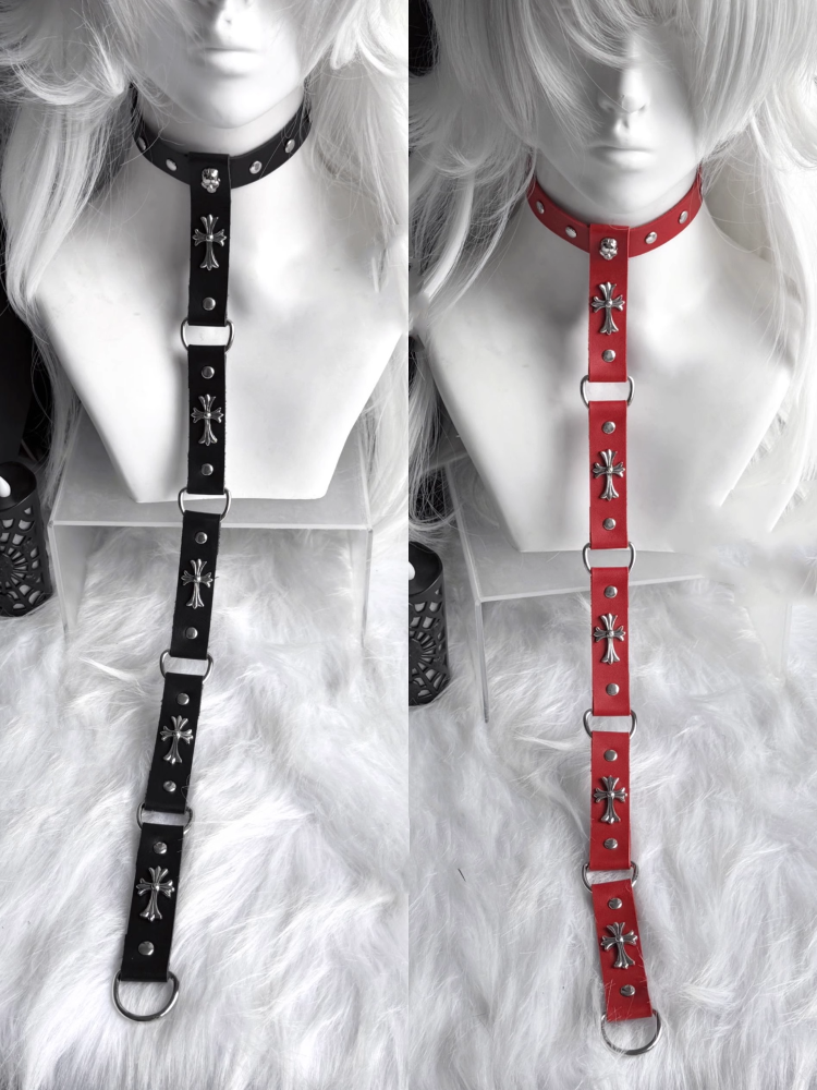 Kette Choker Punk Schwarz/Rot PU Kreuz Verziert Stud und
