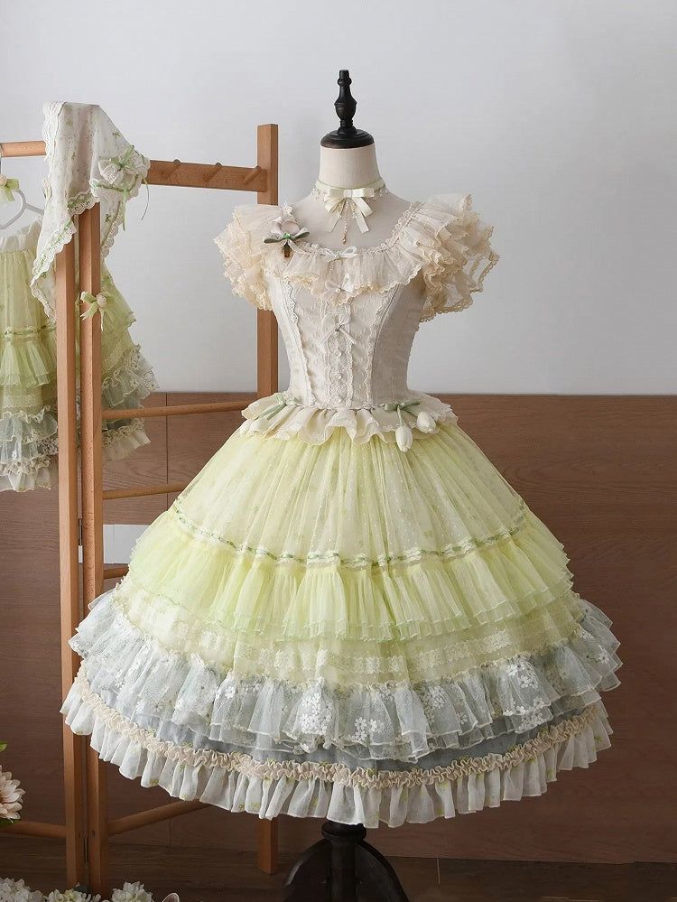 Jacquard Korsett Herz Ärmel Stoff Top Flatter Tiered Elfenbein