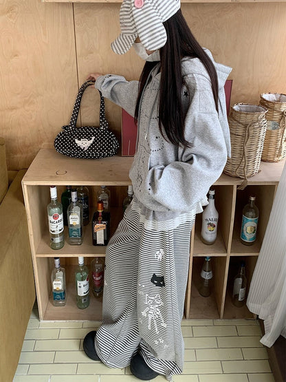 Cat Wide-leg Gray Hem Drawstring Print Star Striped Pants -