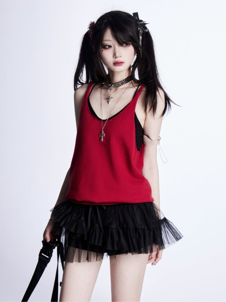 レッド/グレーのグラマラストップ、バックレスニットタンクトップ