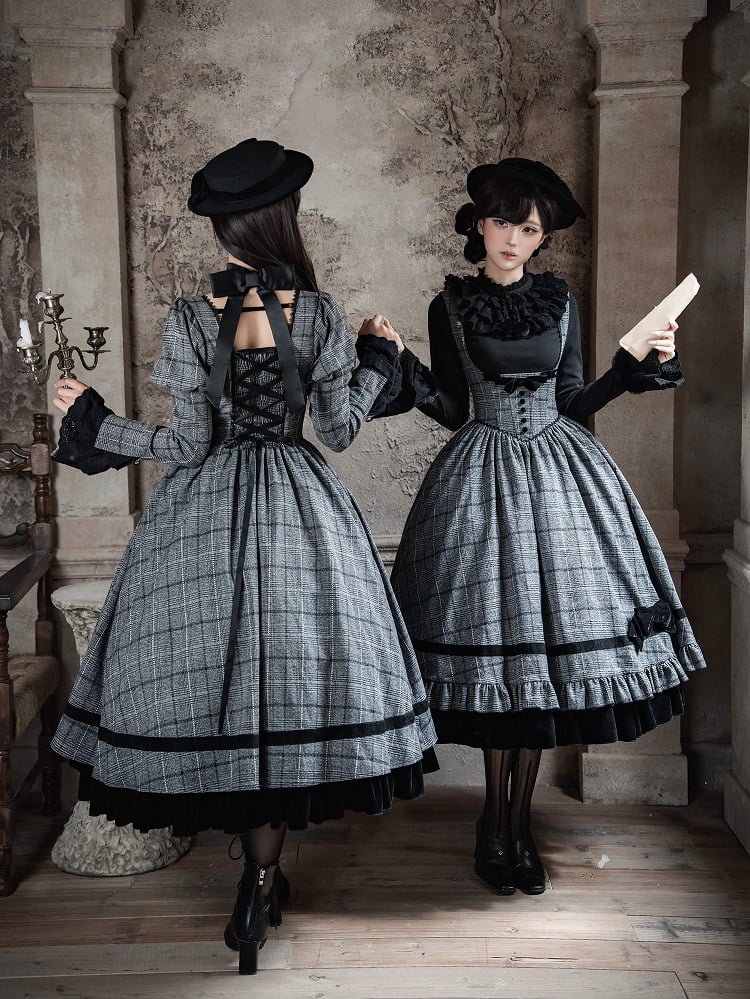 Dress Lolita and Bow Gray Elegant Hat + Plaid Boned Set Basque Black Waist Detachable