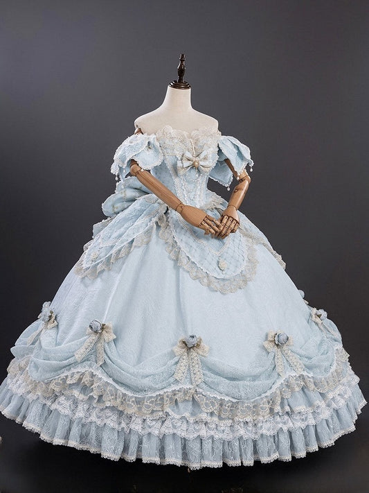 Light Blue Off-Shoulder Hime Lolita Gown - Layered Lace Princess Dress