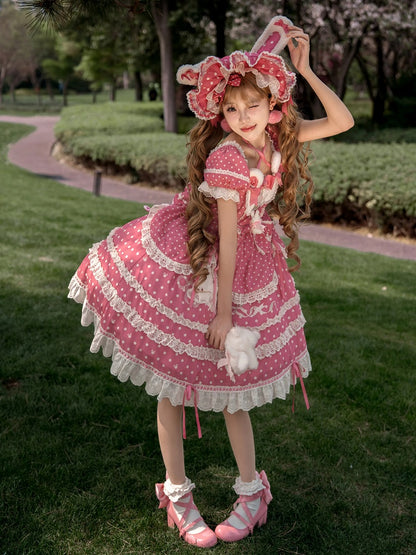Ohren Quadrat Muster Kleid Bunny Polka Dots Lolita Ausschnitt Rosa Plüsch Süß Dunkel