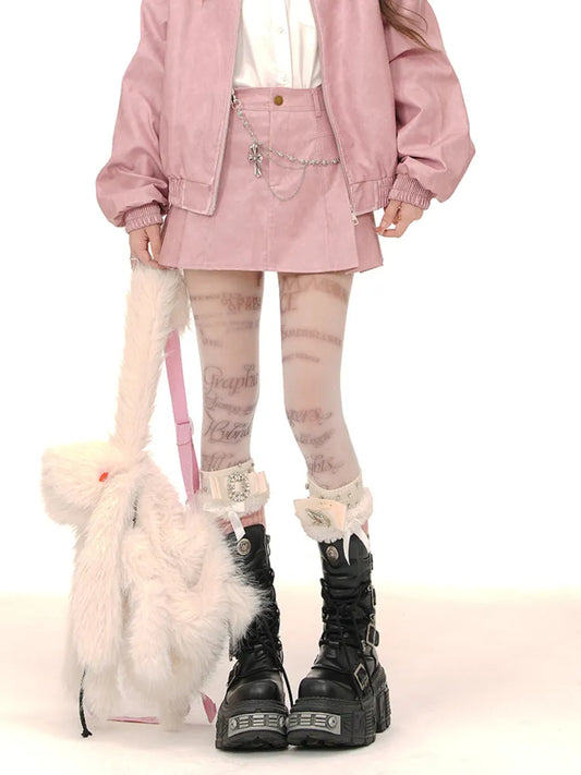 プリーツスカート PU ブラウン/ピンク