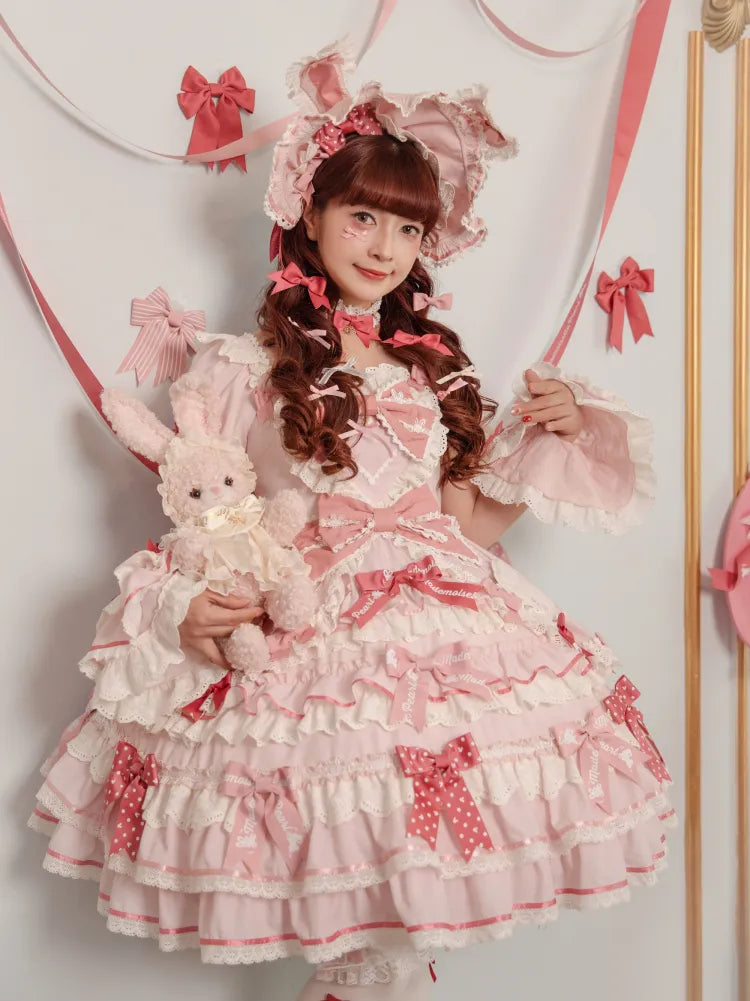 Rüschen Akzente Schleife Süßes Thema Hase Stück Ein Kleid Prinzessin Pink Lolita