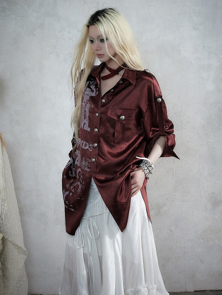 Loose-Fit Long Sleeve Tee with Wine Red Distressed Graffiti Punk Motif - NO ROMANCE
