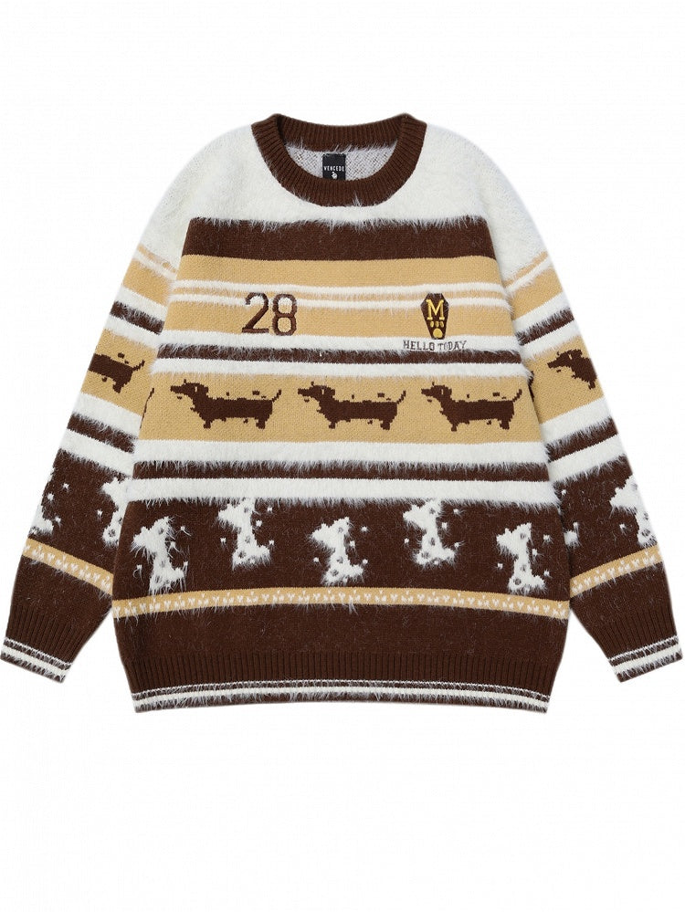 Camel and Brown Cute Dachshundsand Bones Round Neck Striped Sweater