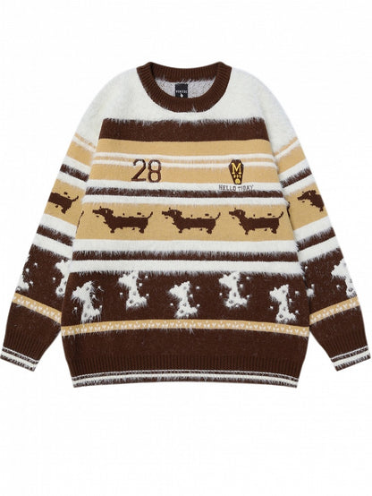 Camel and Brown Cute Dachshundsand Bones Round Neck Striped Sweater