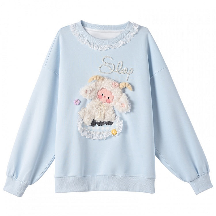 Yume Kawaii Blaues Plüsch-Lamm-Sweatshirt mit Blumenmuster