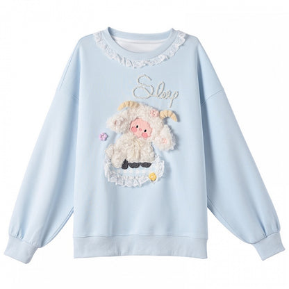 Yume Kawaii Blaues Plüsch-Lamm-Sweatshirt mit Blumenmuster