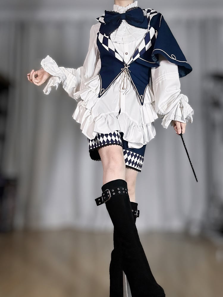 Blue Circus with Vibes Diamond Lolita Pattern Waistcoat Ouji Notched One-Shoulder Dark Collar Cape