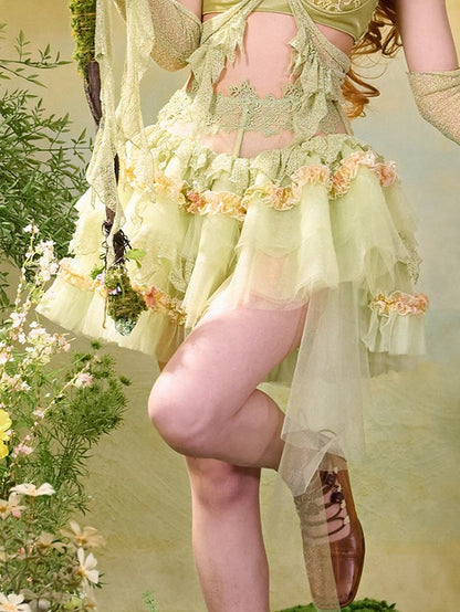 Green Fairycore Mori Layered Lace Skirt with Asymmetrical Hem - Virtual Orbit