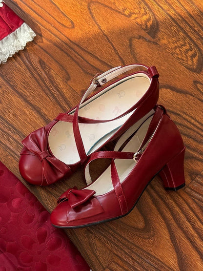 Lolita Top at Elegant Straps Janes Wine Mid-heel Mary Crossed Bow Red in