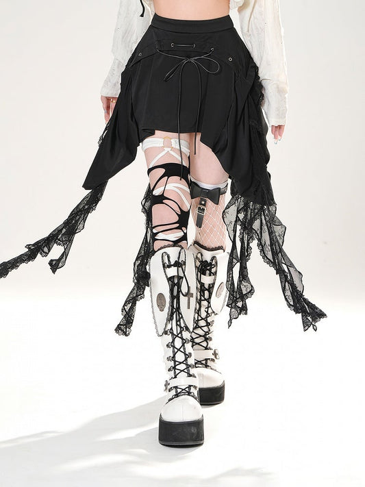ディテールカスケーディングレースフリルスカートブラックレースアップ