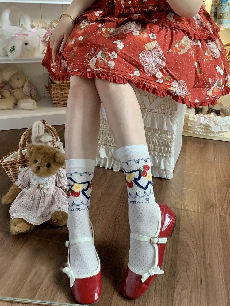 Socks Floral Blue Calf Bow Strawberry Pink/Red/Dark Pattern
