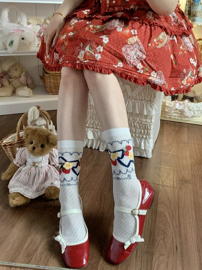 Socks Floral Blue Calf Bow Strawberry Pink/Red/Dark Pattern