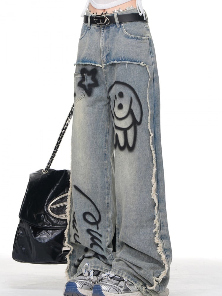 Blaue Jeans mit weitem Bein und Welpen-Print