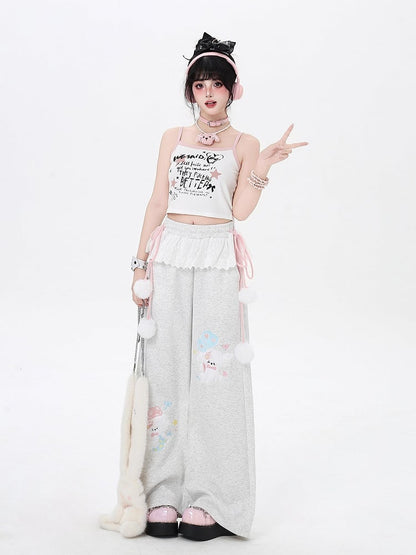 Pink with Pom-Pom Drawstrings and Puppy Embroidery Blue/Light Trim Light Gray/Light Wide-Leg Pants in Lace