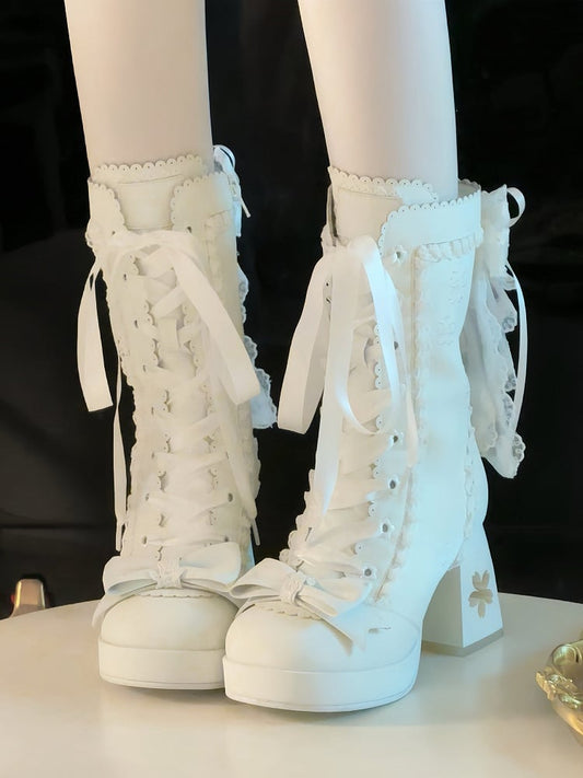 Sweet Heel Accents Sakura White Design Mid-calf Cut-out Lolita with Bow Boots