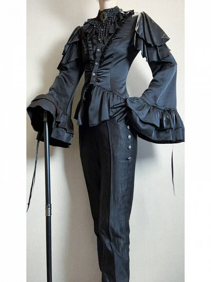 Black Shoulder Ruffle Panels Lolita Blouse with Aristocrat Cascading Ouji