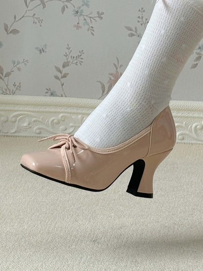 Heels Design Closure Toe PU - Glass-shaped Pink Wine High Elegant Square Lace-up
