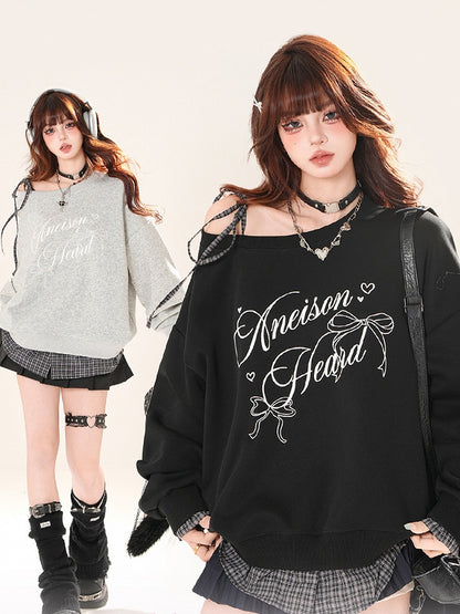 Self-tie Asymmetrical Neckline Plaid Hem Sweatshirt Black/Gray Shoulder Strap