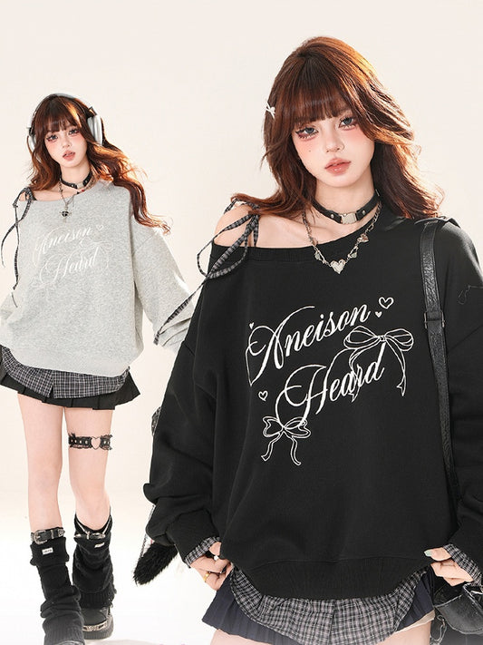 Self-tie Asymmetrical Neckline Plaid Hem Sweatshirt Black/Gray Shoulder Strap