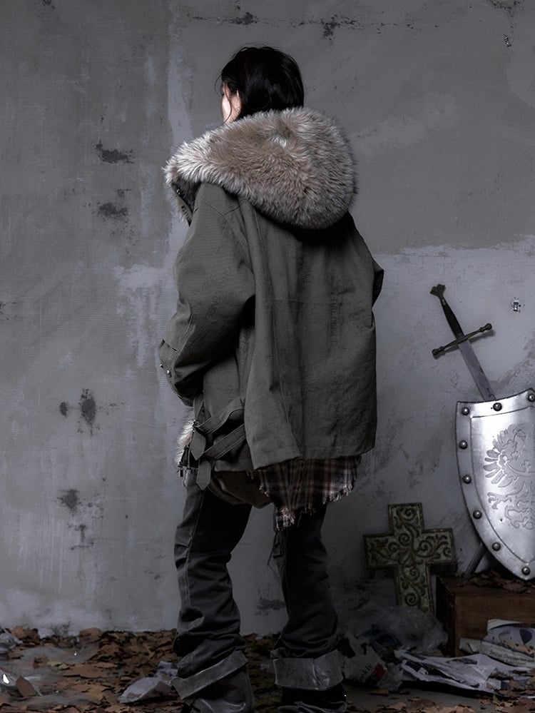 Punk Heavy-Duty Green Diagonal Fuzzy Pockets 3D Coat Dark Hood Straps with