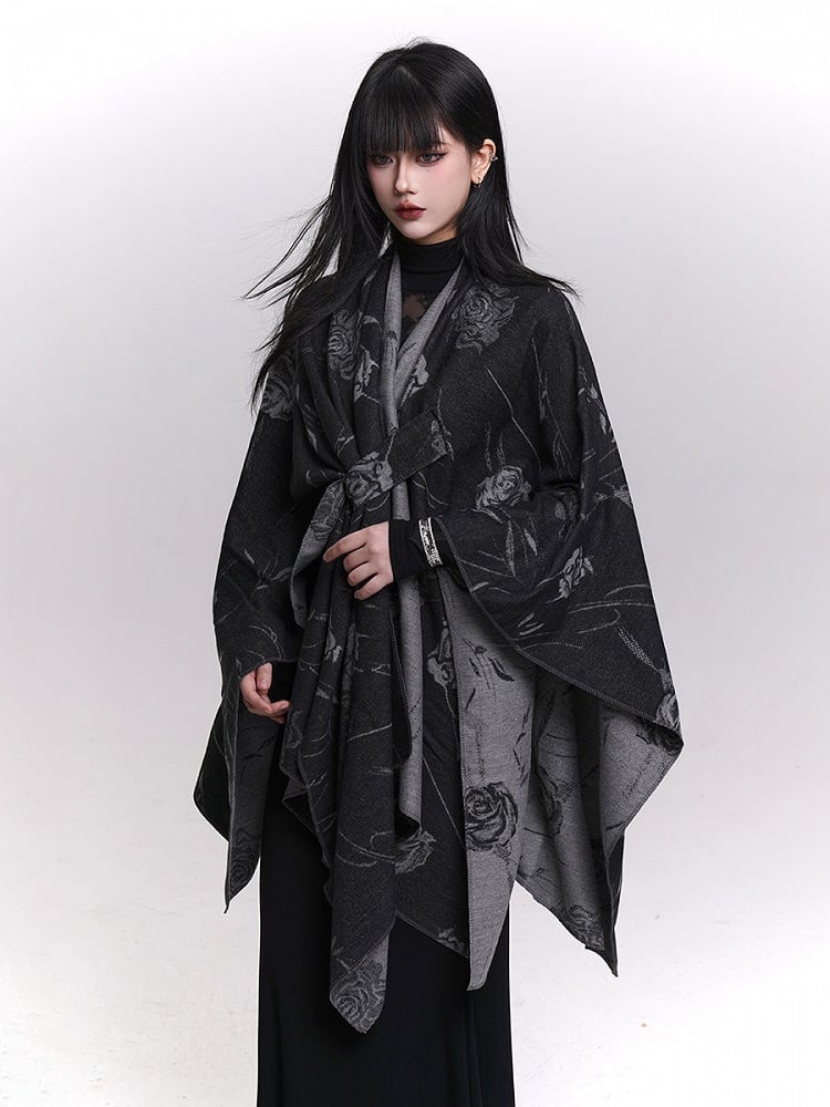 Floral Pattern Gothic Shawl Black with