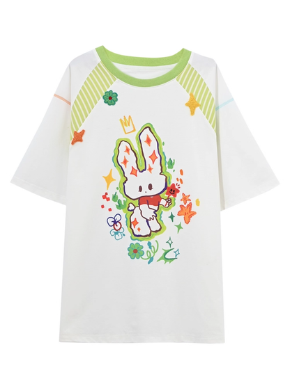 Cartoon Bunny Print White Round Neck Loose T-shirt