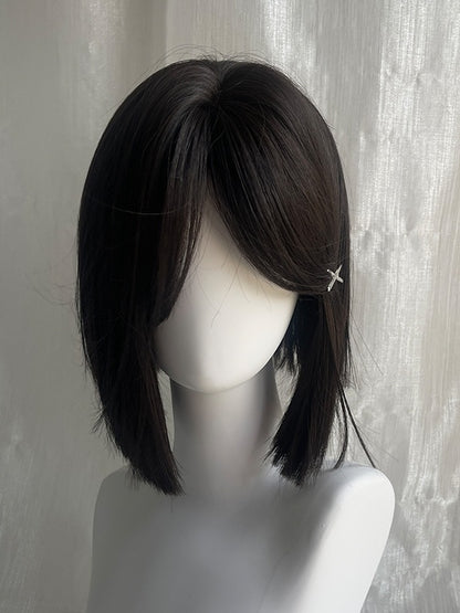 Schwarze, schulterlange, glatte Kunsthaarperücke